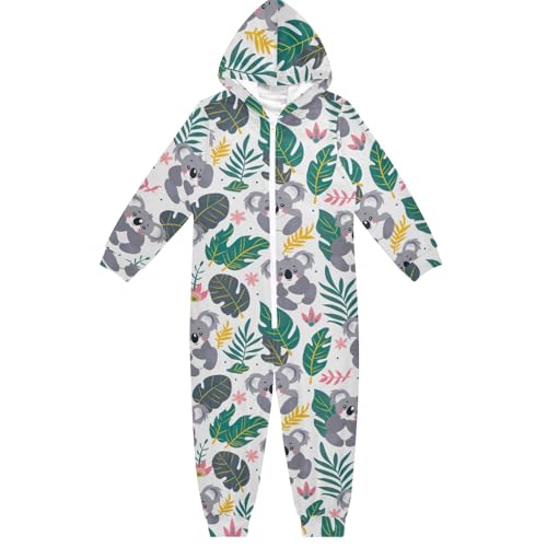 CHIFIGNO Unisex Kinder Kinder Einteiler Lustiger Hoodie Einteiler Jumpsuits Urlaub Cosplay Kostüm für Herbst Winter, Niedlicher Koala und tropische Blätter, 13-14 Jahre von CHIFIGNO