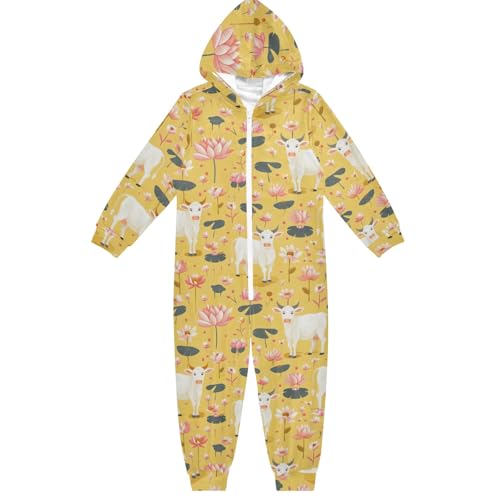 CHIFIGNO Weiße Kühe und Blumen Onesie für Kinder, lustige einteilige Jumpsuits, Halloween, Weihnachten, Cosplay-Kostüm für Mädchen und Jungen, 12-13 Jahre von CHIFIGNO