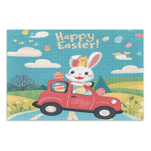 Cartoon-Osterhase, rotes Auto, 1000-teiliges Puzzle, Familienpuzzle, lustige und farbenfrohe Wandkunst, fertige Größe 75 x 50 cm von CHIFIGNO