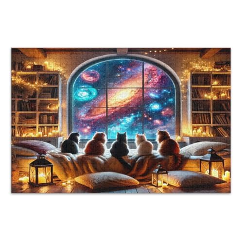 Cozy Cats Cosmic Night Sky Puzzle, 1000 Teile, lustiges und farbenfrohes Familienpuzzle, fertige Größe, 74 x 50 cm von CHIFIGNO