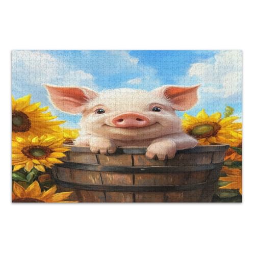 Cute Pig Yellow Sunflowers 1000 Piece Jigsaw Puzzles, Family Puzzles Educational Intellectual Jigsaw Puzzle, Finished Size 29.5 x 19.7 Inches von CHIFIGNO