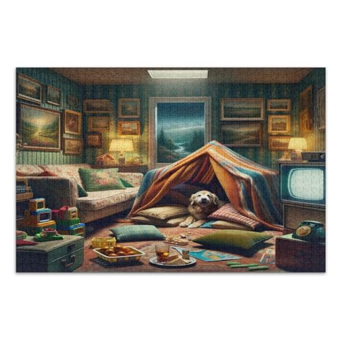 Decke Forts mit einem Hund Puzzle 500 Teile Einzigartige Puzzles Spaß Spiel für Männer Frauen Fertige Größe 20,5 x 14,9 Zoll von CHIFIGNO