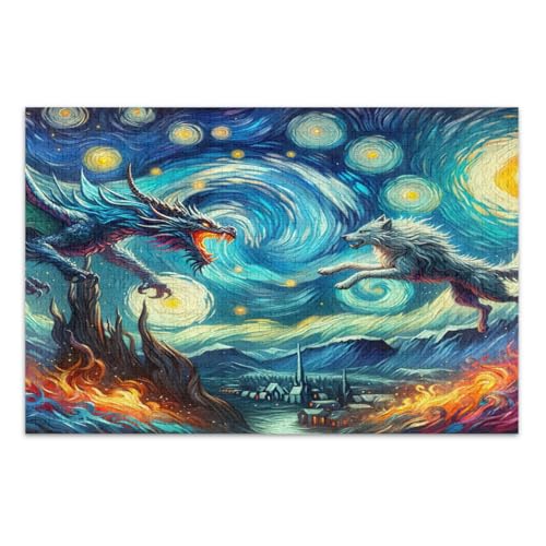 Dragon Wolf Blue Starry Night Puzzles 500 Teile für Erwachsene Pädagogisches Intellektuelles Puzzle Familienpuzzle, Fertige Größe 20,5 x 14,9 Zoll von CHIFIGNO