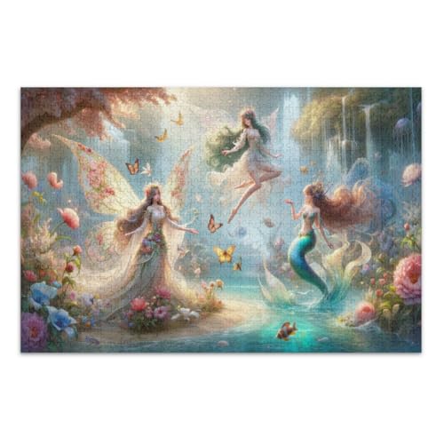 Feen-Meerjungfrau-Puzzle für Erwachsene, 1000 Teile, Familienpuzzle, lustige und farbenfrohe Kunstwerke, fertige Größe 75 x 50 cm von CHIFIGNO