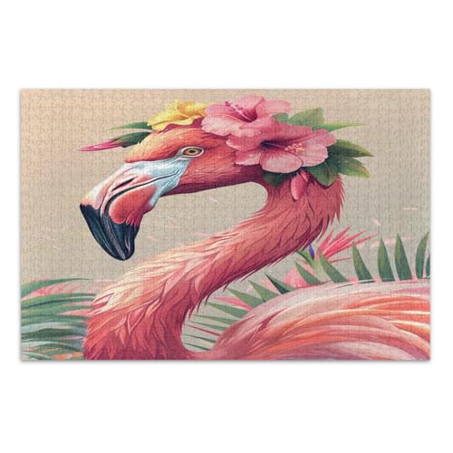 Flamingo-Puzzle mit tropischen Blumen, für Erwachsene, 500 Teile, Familienpuzzle, lustiges und farbenfrohes Kunstwerk, fertige Größe 50,5 x 37,8 cm von CHIFIGNO