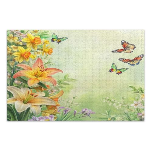 Gelbe Frühlingsblumen Niedliche Schmetterlinge Puzzles 1000 Teile für Erwachsene Unterhaltung Spielzeug Geburtstagsgeschenk Lustige Puzzles, Fertige Größe 29.5 * 19.7 Zoll von CHIFIGNO