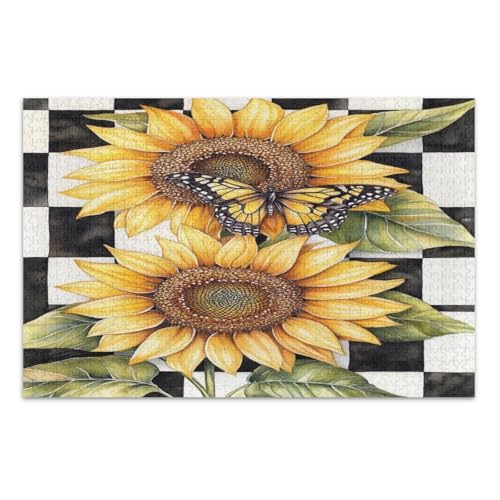 Gelbe Sonnenblumen Schmetterling Schwarz Weiß Plaid Puzzle für Erwachsene 1000 Teile Lustige Puzzles Abschluss oder Geburtstagsgeschenk, Fertige Größe 29,5 x 19,7 Zoll von CHIFIGNO