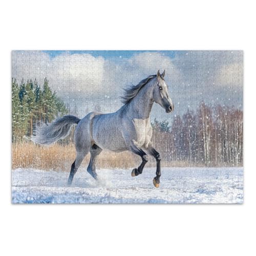 Graues Pferd, Winterlandschaft, Puzzle, 500 Teile, coole Puzzles, wunderbare Puzzle-Geschenke für Frauen und Männer, fertige Größe 50,5 x 37,9 cm von CHIFIGNO