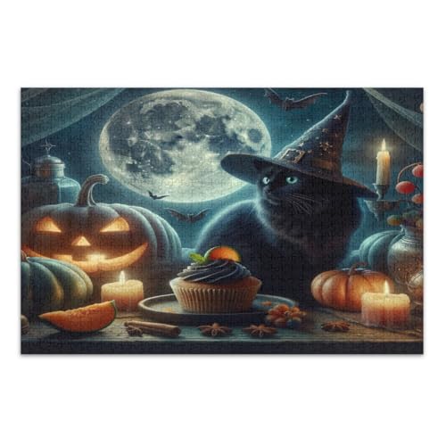 Halloween Kürbis Schwarze Katze 500 Teile Puzzles für Erwachsene Wunderbare Puzzle Geschenke für Frauen Männer Coole Puzzles, Fertige Größe 20,5 x 14,9 Zoll von CHIFIGNO