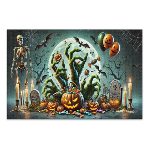 Halloween Kürbisse Skelett Grüne Hände Puzzle für Erwachsene 500 Teile Lustige Puzzles Tolle Geschenkidee für Feiertage, Fertige Größe 20,5 x 14,9 Zoll von CHIFIGNO