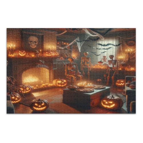 Halloween Kürbisse Skelette Puzzle 1000 Teile für Erwachsene Unterhaltung Spielzeug Geburtstagsgeschenk Familie Puzzles, Fertige Größe 29,5 x 19,7 Zoll von CHIFIGNO