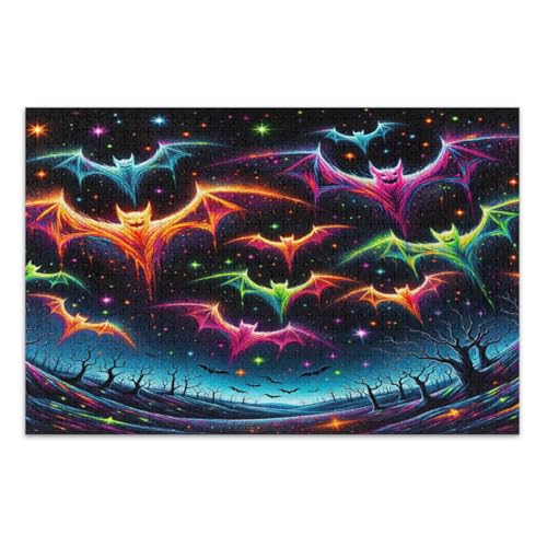 Halloween Neon Fledermäuse Sterne 500 Teile Puzzles für Erwachsene, lustiges und farbenfrohes Kunstwerk, Familienpuzzle, fertige Größe 50,5 x 37,9 cm von CHIFIGNO