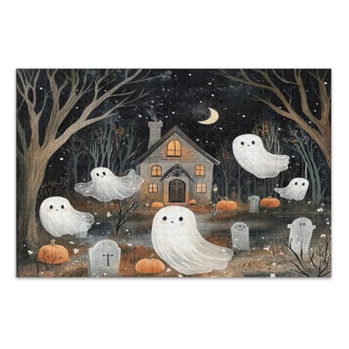 Halloween-Szenen-Puzzle, 1000 Teile, lustiges und farbenfrohes Kunstwerk, Familienpuzzle, fertige Größe 75 x 50 cm von CHIFIGNO