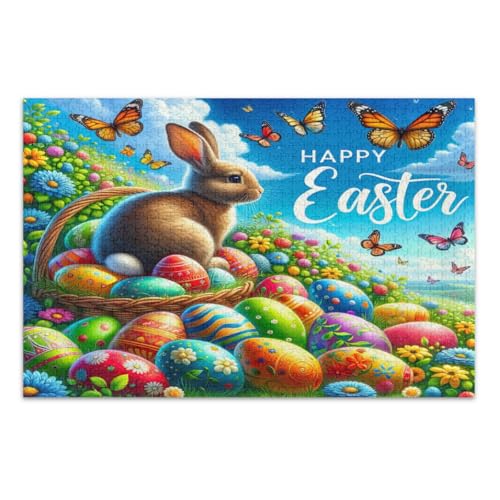 Happy Easter Haseneier Schmetterlinge Blumen Puzzle 1000 Teile Familie Puzzle Unterhaltung Spielzeug Geburtstagsgeschenk Fertige Größe 29,5 x 19,7 Zoll von CHIFIGNO