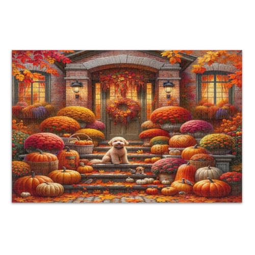 Herbst-Szene, niedlicher Hund, orangefarbene Blätter, Puzzle, 1000 Teile, Familienpuzzle, lustige und farbenfrohe Wandkunst, fertige Größe 75 x 50 cm von CHIFIGNO