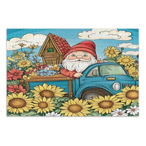 Herbst-Zwerg, Sonnenblumen, blauer LKW, Puzzle, 1000 Teile, lustiges Puzzle, lustiges und farbenfrohes Kunstwerk, Heimdekoration, fertige Größe 75 x 50 cm von CHIFIGNO