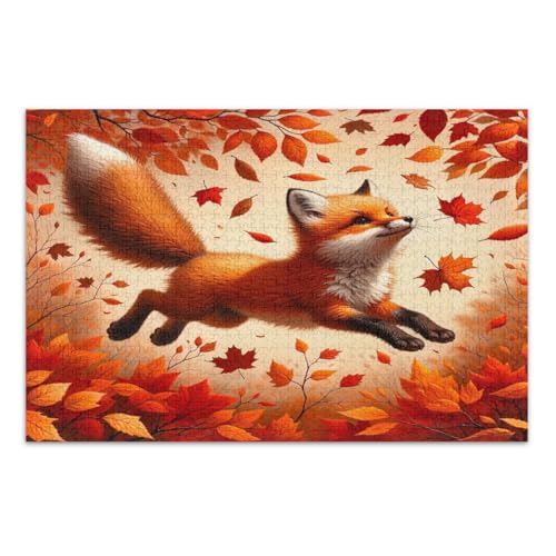 Herbstblätter, springender Fuchs, Puzzle, 1000 Teile, lustiges Puzzle, lustige und farbenfrohe Wandkunst, fertige Größe 75 x 50 cm von CHIFIGNO