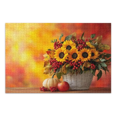 Herbstblumen-Puzzle, Blumenstrauß, Sonnenblumen, 500 Teile, für Erwachsene, coole Puzzles, lustige und farbenfrohe Kunstwerke, fertige Größe 50,5 x 37,8 cm von CHIFIGNO