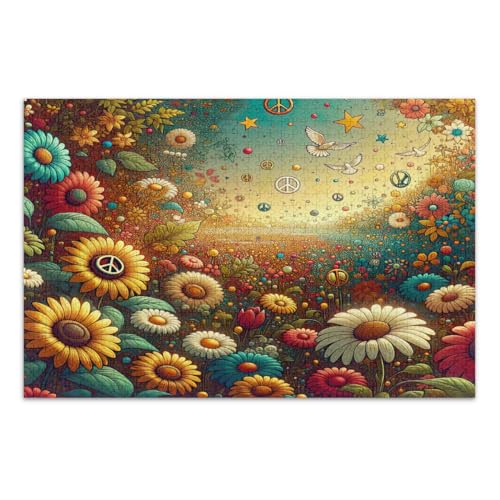 Hippie-Puzzle, Sonnenblumen, Gänseblümchen und Sterne, 500 Teile, für Erwachsene, lustiges und farbenfrohes Kunstwerk, Heimdekoration, Familienpuzzle, fertige Größe 50,5 x 37,9 cm von CHIFIGNO