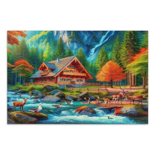 Holzhaus Hirsche Gänse Puzzle für Erwachsene 500 Teile Familienpuzzle Wunderbare Puzzle Geschenke für Frauen Männer, Fertige Größe 20,5 x 14,9 Zoll von CHIFIGNO