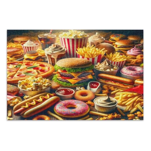 Junk Food Feast Burgers Pizza-Puzzle, 500 Teile, lustige und farbenfrohe Kunstwerke, Heimdekoration, fertige Größe 50,5 x 37,8 cm von CHIFIGNO