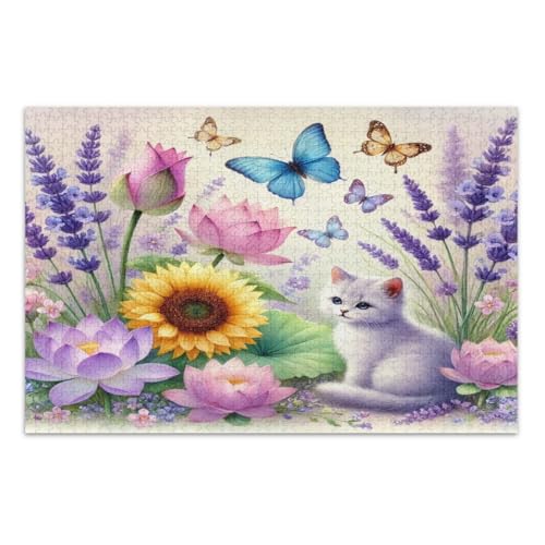 Katzen-Puzzles mit Schmetterlingen und Sonnenblumen, Lavendel, 1000 Teile, lustige und farbenfrohe Kunstwerke, Familienpuzzles, fertige Größe 75 x 50 cm von CHIFIGNO