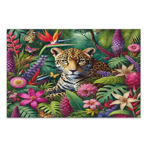 Leopard Tropische Blätter, Blumen, Schmetterlinge, Puzzle, 500 Teile, lustiges und farbenfrohes Wandkunst, fertige Größe 50,5 x 37,9 cm von CHIFIGNO