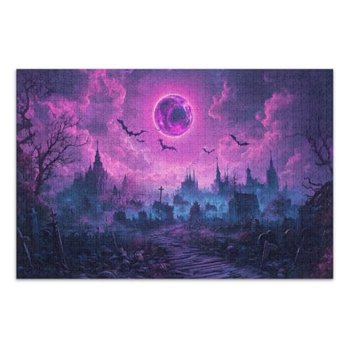 Lila Halloween Szene Puzzle für Erwachsene 1000 Teile Einzigartige Puzzles Weiße Elefant Geschenkideen, Fertige Größe 29.5 * 19.7 Zoll von CHIFIGNO