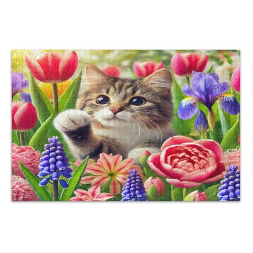 Lustige Katze Frühlingsblumen Tulpe Iris Puzzle für Erwachsene 1000 Teile Schwierige Puzzles Unterhaltung Spielzeug Geburtstagsgeschenk, Fertige Größe 29.5 * 19.7 Zoll von CHIFIGNO