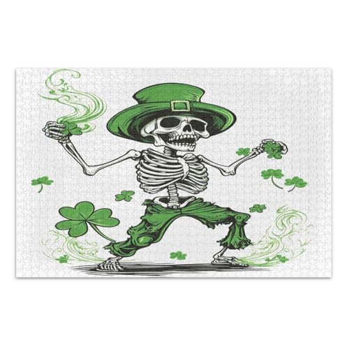 Lustige St. Patrick's Day Skelett Grüne Kleeblätter Puzzles 500 Teile für Erwachsene, Lustiges Puzzle-Spaßspiel für Männer Frauen, Fertige Größe 20,5 x 14,9 Zoll von CHIFIGNO