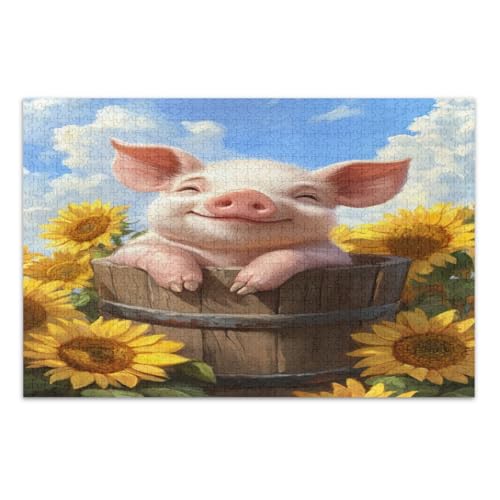 Lustiges Schwein Gelbe Sonnenblumen Puzzle für Erwachsene 1000 Teile Schwierige Puzzles Wunderbare Puzzle Geschenke für Frauen Männer, Fertige Größe 29,5 x 19,7 Zoll von CHIFIGNO