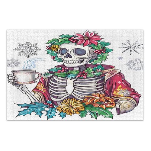 Lustiges Weihnachts-Skelett-Schneeflocken-Puzzle, 1000-teiliges Puzzle, einzigartige Puzzles, lustige und farbenfrohe Kunstwerke, Heimdekoration, fertige Größe 75 x 50 cm von CHIFIGNO