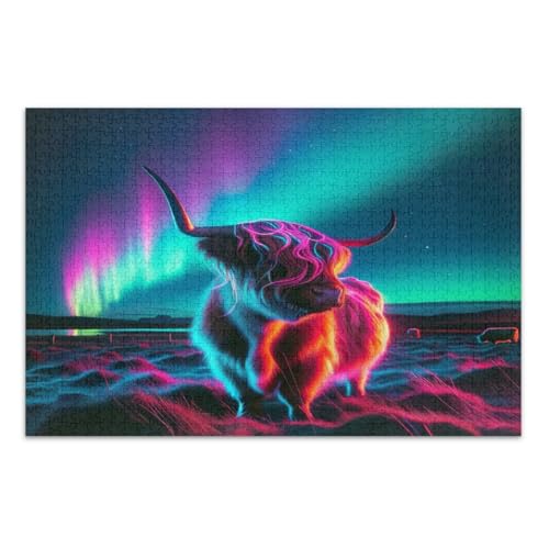 Neon Highland Cattle 1000 Teile Puzzles, Familienpuzzle Weißer Elefant Geschenkideen, Fertige Größe 29,5 x 19,7 Zoll von CHIFIGNO