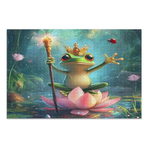 Niedliche Cartoon-Frosch-Puzzles rosa Lotus-Puzzles für Erwachsene, 1000-teiliges herausforderndes Puzzle für Spieleabende, einzigartige Puzzles, fertige Größe 29,5 x 19,7 Zoll von CHIFIGNO