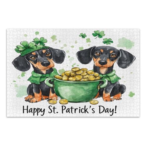 Niedliche Dackel-Hunde, St. Patrick's Day-Puzzle, 1000 Teile, lustige und farbenfrohe Kunstwerke, Heimdekoration, einzigartige Puzzles, fertige Größe 75 x 50 cm von CHIFIGNO