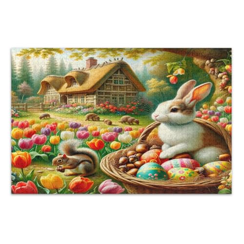 Niedliche Haseneier, bunte Tulpen, Puzzles, 1000 Teile, für Erwachsene, schwierige Puzzles, lustige und farbenfrohe Kunstwerke, Heimdekoration, fertige Größe 75 x 50 cm von CHIFIGNO