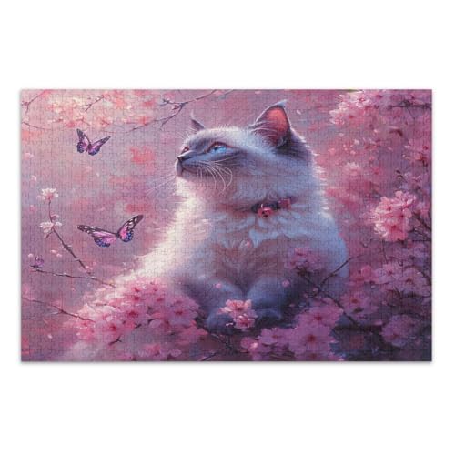 Niedliche Katze, Kirschblüten-Schmetterlinge, Puzzle für Erwachsene, 500 Teile, einzigartige Puzzles, lustige und farbenfrohe Kunstwerke, fertige Größe 50,5 x 37,8 cm von CHIFIGNO