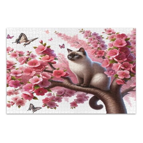 Niedliche Katze, Kirschblütenbaum, Schmetterlinge, Puzzles für Erwachsene, 1000 Teile, herausfordernde Familienaktivität, coole Puzzles, fertige Größe 29,5 x 19,7 Zoll von CHIFIGNO