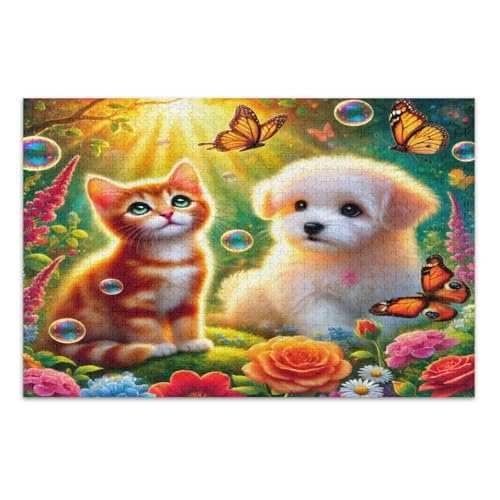 Niedliche Katze Hund Bunte Blumen Schmetterlinge Puzzles 500 Teile für Erwachsene Pädagogisches Intellektuelles Puzzle Einzigartige Puzzles, Fertige Größe 50,5 x 37,9 cm von CHIFIGNO