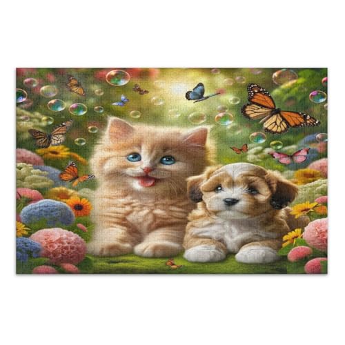 Niedliche Katze Hund Schmetterlinge Blumen 500 Teile Puzzles für Erwachsene Weiß Elefant Geschenkideen Familie Puzzles, Fertige Größe 20,5 x 14,9 Zoll von CHIFIGNO