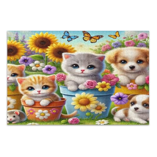 Niedliche Katze Hund bunte Blumen Schmetterlinge Puzzle für Erwachsene 500 Teile Familienpuzzle Wunderbares Puzzle Geschenke für Frauen Männer Fertige Größe 50,5 x 37,9 cm von CHIFIGNO