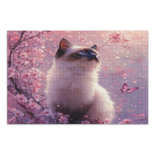 Niedliche Katze Kirschblüte Schmetterlinge Puzzle 500 Teile Erwachsene Herausfordernde Familienaktivität Coole Puzzles, Fertige Größe 20,5 x 14,9 Zoll von CHIFIGNO