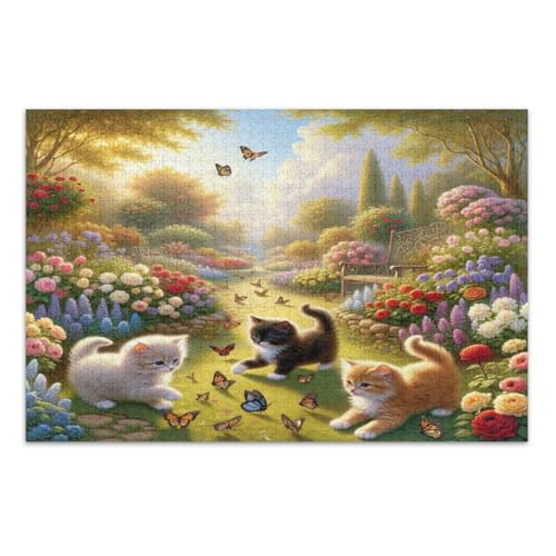 Niedliche Katzen, Schmetterlinge, bunte Blumen, 500-teiliges Puzzle, lustige Puzzles, weißer Elefant, Geschenkideen, fertige Größe 50,5 x 37,8 cm von CHIFIGNO