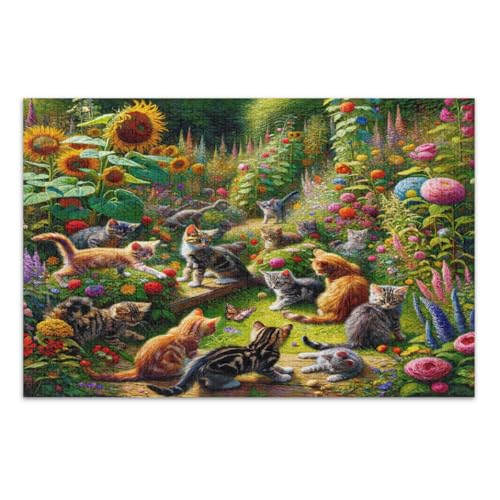 Niedliche Katzen, bunte Blumen, Puzzle, 500 Teile, lustige und farbenfrohe Wandkunst, einzigartige Puzzles, fertige Größe 50,5 x 37,8 cm von CHIFIGNO