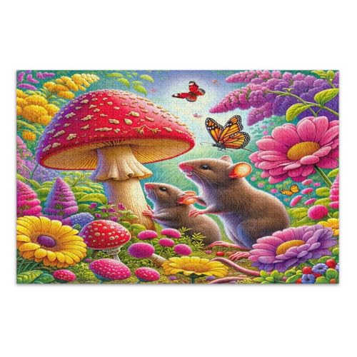 Niedliche Mäuse, bunte Pilze, Blumen, Schmetterlinge, Puzzles für Erwachsene, 1000 Teile, Familienpuzzle, lustige und farbenfrohe Kunstwerke, fertige Größe 75 x 50 cm von CHIFIGNO