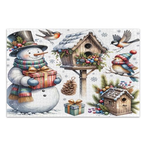 Niedliche Schneemann-Vogel-Puzzle, 500 Teile, weißer Elefant, Geschenkideen, Familienpuzzle, fertige Größe 50,5 x 37,9 cm von CHIFIGNO