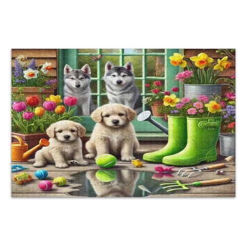 Niedliche Welpen, bunte Veranda-Frühlingsblumen, Puzzle, 500 Teile, Familienpuzzle, wunderbare Puzzle-Geschenke für Frauen und Männer, fertige Größe 50,5 x 37,9 cm von CHIFIGNO