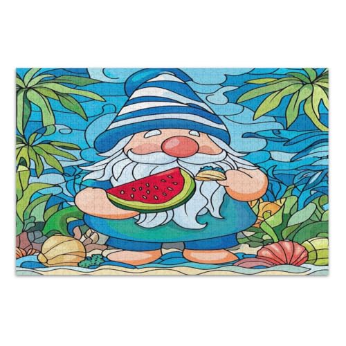 Niedlicher Sommerwichtel, essender Wassermelonen-Puzzle, 1000 Teile, Familienpuzzle, lustige und farbenfrohe Kunstwerke, Heimdekoration, fertige Größe 75 x 50 cm von CHIFIGNO