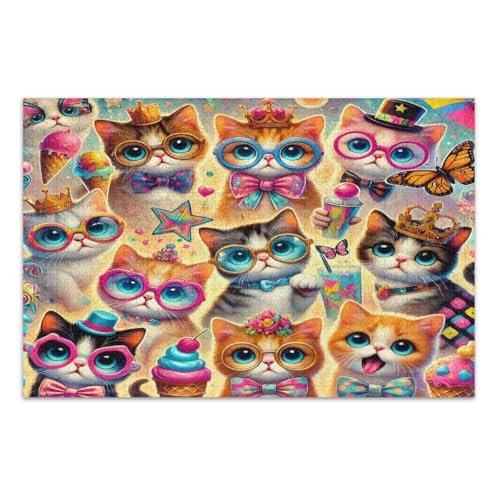 Niedliches Cartoon-Katzen-Eiscreme-Schmetterling-Puzzle, 500 Teile, Erwachsenen-Puzzle, lustige und farbenfrohe Kunstwerke, Heimdekoration, fertige Größe 50,5 x 37,8 cm von CHIFIGNO