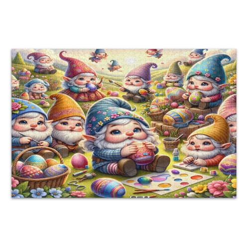 Niedliches Cartoon-Oster-Zwergen-Puzzle für Erwachsene, 500 Teile, Familienpuzzle, lustige und farbenfrohe Kunstwerke, fertige Größe 50,5 x 37,8 cm von CHIFIGNO